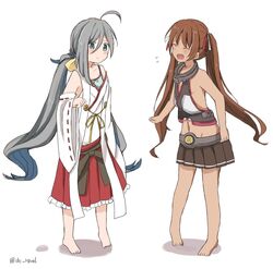  2girls ahoge alternate_costume bad_id bad_twitter_id bare_shoulders barefoot blue_hair brown_hair closed_eyes commentary_request cosplay detached_sleeves full_body grey_eyes grey_hair haruna_(kancolle) haruna_(kancolle)_(cosplay) kantai_collection kiyoshimo_(kancolle) libeccio_(kancolle) long_hair low_twintails multicolored_hair multiple_girls mutsu_(kancolle) mutsu_(kancolle)_(cosplay) navel nontraditional_miko oerba_yun_fang open_mouth oversized_clothes ribbon-trimmed_sleeves ribbon_trim riz_(ravel_dc) skirt twintails twitter_username 