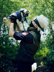  1boy canine cosplay half_mask hatake_kakashi headband mask naruto pakkun photo vest 