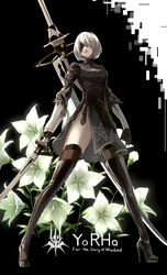  2b_(nier:automata) black_background black_blindfold black_dress black_hairband blindfold boots breasts cleavage_cutout clothing_cutout commentary_request covered_eyes dress feather-trimmed_sleeves female flower gloves hairband high_heel_boots high_heels holding holding_sword holding_weapon juliet_sleeves katana leather leather_boots long_sleeves medium_breasts mole mole_under_mouth nier:automata nier_(series) puffy_sleeves seven_(shijima) solo standing sword sword_behind_back thigh_boots thighhighs thighhighs_under_boots vambraces virtuous_contract virtuous_treaty weapon white_hair 