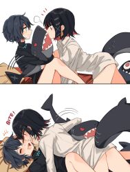  +++ 2girls :d belle_(zenless_zone_zero) biting black_hair black_shirt blue_eyes closed_mouth ellen_joe fins fish_tail highres kuma_(bloodycolor) looking_at_another medium_hair multiple_girls notice_lines red_eyes red_hair shark_tail shirt short_hair simple_background smile stuffed_animal stuffed_shark stuffed_toy tail white_background white_shirt yuri zenless_zone_zero 