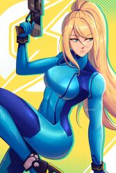  blonde_hair blue_bodysuit blue_eyes bodysuit breasts caminukai female gun handgun holding holding_gun holding_weapon long_hair looking_at_viewer metroid mole mole_under_mouth parted_lips ponytail samus_aran skin_tight solo weapon zero_suit 