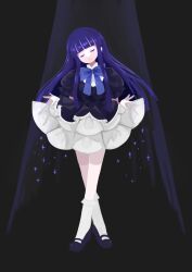  artist_request black_background blue_hair blunt_bangs bow closed_eyes closed_mouth clothes_lift crossed_ankles curtsey dress dress_lift female frederica_bernkastel frilled_socks frills full_body highres lolita_fashion long_hair puffy_short_sleeves puffy_sleeves purple_hair ribbon short_sleeves socks solo sparkle spotlight standing umineko_no_naku_koro_ni white_socks 