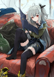  ahoge arknights black_thighhighs boots couch feet female grey_hair highres kari90909 knee_up long_hair official_alternate_costume one_side_up red_eyes shoes single_boot sitting skadi_(arknights) skadi_(the_next_afternoon_tea)_(arknights) solo thighhighs very_long_hair yellow_footwear 