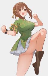  :d ass atelier_(series) atelier_ryza boots breasts bright_pupils brown_eyes brown_footwear brown_hair character_request check_character check_copyright china_dress chinese_clothes clenched_hand copyright_request dress female green_dress hair_ornament highres kaninoko large_breasts leg_up medium_hair oerba_yun_fang protected_link reisalin_stout simple_background smile solo tassel tassel_hair_ornament white_background white_pupils 