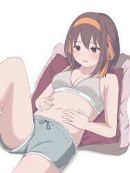  absurdres bare_shoulders blush bob_cut bra breasts brown_eyes brown_hair calvin_klein cleavage clothes_writing collarbone commentary_request dolphin_shorts drawstring feet_out_of_frame female grey_bra grey_shorts hairband hands_on_stomach highres knee_up looking_at_self looking_down lounging lying medium_breasts midriff navel no_shirt on_back panties panty_peek parted_lips pillow rai_iceblast raised_eyebrows short_hair short_shorts shorts simple_background solo suzumiya_haruhi suzumiya_haruhi_no_yuuutsu underwear weight_conscious white_background worried yellow_hairband 