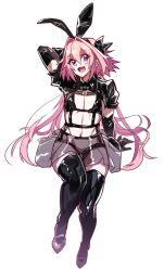  1boy animal_ears arm_behind_head arm_support astolfo_(fate) astolfo_(saber)_(fate) bikini black_bikini black_bow black_bowtie black_gloves black_thighhighs blush bow bowtie fake_animal_ears fate/apocrypha fate/grand_order fate_(series) full_body gloves hair_between_eyes hair_intakes hairbow haoro high-waist_skirt highres latex linea_alba lingerie long_hair low_twintails male_focus mary_janes multicolored_hair navel oerba_yun_fang open_mouth otoko_no_ko pink_hair purple_eyes rabbit_ears see-through see-through_skirt shoes sitting skin_fang skirt smile solo streaked_hair swimsuit thighhighs translucent twintails two-tone_hair underwear very_long_hair white_background white_hair 