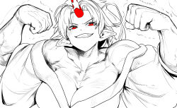  absurdres breasts cleavage clenched_hands collarbone female flexing greyscale grin highres horns hoshiguma_yuugi hoshiguma_yuugi_(kimono) japanese_clothes kimono large_breasts looking_at_viewer monochrome muscular muscular_female off_shoulder pointy_ears red_eyes red_horns single_horn smile solo sotatsudraw spot_color touhou upper_body 