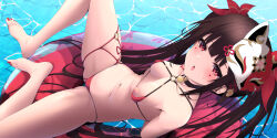  :o absurdres afloat arms_behind_back bare_legs bare_shoulders barefoot bikini black_hair breasts female floating floating_object fox_mask highres honkai:_star_rail honkai_(series) long_hair looking_at_viewer mask mask_on_head micro_bikini nail_polish navel open_clothes open_shirt red_bikini red_eyes small_breasts smile solo sparkle_(honkai:_star_rail) stomach swimsuit tetori_(tetolisto) toenail_polish toenails twintails water 