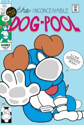  absurd_res blep blue_clothing breaking_the_fourth_wall clothing comic_book comic_cover_page dog-pool doodledoggy hi_res parody pressed_on_window spandex spandex_suit speech_bubble tight_clothing tongue tongue_out toonkind toony 