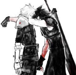  arm_around_neck armor black_gloves black_hair black_pants black_shirt blood blood_on_arm buster_sword closed_eyes cloud_strife cloud_virtu crisis_core_final_fantasy_vii earrings final_fantasy final_fantasy_vii final_fantasy_vii_rebirth final_fantasy_vii_remake fingerless_gloves gloves hair_slicked_back highres holding_hands jewelry medium_hair monochrome pants scarf shinra_electric_power_company shirt short_hair shoulder_armor sideburns single_earring sleeveless sleeveless_turtleneck sleeves_rolled_up spiked_hair suspenders turtleneck upper_body weapon weapon_on_back yaoi zack_fair 