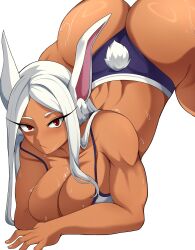  :/ absurdres animal_ears ass bare_shoulders blue_panties boku_no_hero_academia breasts camisole cleavage collarbone dark-skinned_female dark_skin english_commentary female highres jack-o&#039;_challenge large_breasts long_eyelashes long_hair looking_at_viewer median_furrow meowdeer mirko panties parted_bangs rabbit_ears rabbit_girl rabbit_tail red_eyes simple_background solo spread_legs strap_slip sweat tail tail_through_clothes toned_female top-down_bottom-up underwear wedgie white_background white_camisole white_hair 