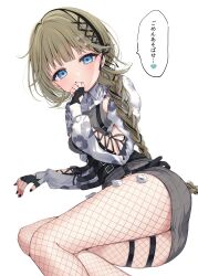  absurdres belt black_gloves black_nails blue_eyes blush braid brown_hair cattleya_regina_games commentary_request dress female fingerless_gloves fishnet_pantyhose fishnets floral_print gloves grey_dress hair_ornament hair_ribbon hanabusa_lisa hanabusa_lisa_(4th_costume) hand_to_own_mouth highres ineka_ka long_hair long_sleeves looking_at_viewer official_alternate_costume open_mouth pantyhose ribbed_dress ribbon shrug_(clothing) simple_background skindentation solo speech_bubble thigh_strap too_many too_many_belts translation_request virtual_youtuber vspo! white_background 