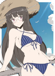  bikini black_hair blue_bikini blue_sky brown_hat choukai_(kancolle) choukai_(swimsuit_mode)_(kancolle) cloud cowboy_shot criss-cross_halter female front-tie_bikini_top front-tie_top halterneck hat highres kantai_collection navel official_alternate_costume railing red_eyes side-tie_bikini_bottom sky solo straw_hat striped_bikini striped_clothes sun_hat swimsuit taira_yuuki vertical-striped_bikini vertical-striped_clothes 