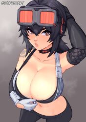  ahoge arm_behind_head asymmetrical_gloves bare_shoulders black_choker black_gloves black_hair black_pants breasts choker cleavage english_commentary female fishnet_gloves fishnets gloves goggles goggles_on_head grace_howard grey_gloves hair_between_eyes highres huge_breasts long_hair looking_at_viewer midriff mismatched_gloves navel orange_eyes pants parted_lips shoulder_tattoo solo sports_bra steaming_body sweat tattoo twitter_username unzipping zenless_zone_zero zerock692 zipper_top 