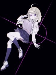  ahoge akamatsu_kaede black_background blonde_hair breasts danganronpa_(series) danganronpa_v3:_killing_harmony female hair_ornament hand_up highres kneehighs large_breasts long_hair long_sleeves miniskirt musical_note musical_note_hair_ornament musical_note_print pink_eyes pink_sweater_vest pleated_skirt print_skirt shirt shoes skirt smile socks solo sweater_vest to_ma_(ye_e00) white_bag white_shirt 