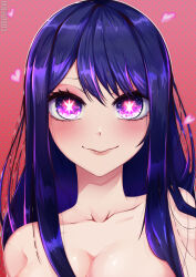  absurdres blush breasts cleavage commentary completely_nude doova_art eyelashes female hair_between_eyes heart highres hoshino_ai_(oshi_no_ko) idol long_hair looking_at_viewer nude oshi_no_ko purple_eyes purple_hair sidelocks smile solo star-shaped_pupils star_(symbol) star_in_eye symbol-shaped_pupils symbol_in_eye watermark 