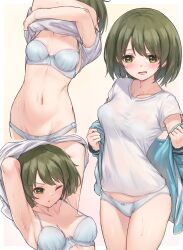  armpits arms_behind_head arms_up blush bra bra_visible_through_clothes breasts female green_eyes green_hair highres idolmaster idolmaster_shiny_colors jacket medium_breasts nanakusa_nichika navel no_pants one_eye_closed open_clothes open_jacket open_mouth panties see-through see-through_shirt shirt short_hair short_sleeves smile solo sweat sweaty_clothes t-shirt underwear undressing wet wet_clothes wet_shirt white_panties yoi_naosuke 