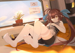  absurdres alarm_clock antenna_hair battle_rifle black_shorts blue_ribbon blue_sky book breasts brown_hair clock commentary_request day diagram feet female full_body girls&#039;_frontline girls&#039;_frontline_2:_exilium grin gun hair_between_eyes hair_ribbon highres indoors long_hair lying m14 m14_(girls&#039;_frontline) medium_breasts no_shoes nokialia_(sinoteenme) on_back own_hands_together plant potted_plant ribbon rifle shirt shorts sky sleeveless sleeveless_shirt smile soles solo sticky_note thighhighs toes turtleneck turtleneck_shirt twintails very_long_hair weapon white_thighhighs yellow_eyes 