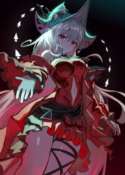  absurdres aqua_hat arknights ascot bare_shoulders black_ascot breasts closed_mouth clothing_cutout cowboy_shot detached_sleeves dress female flying_burrito_cat grey_hair hair_between_eyes hat highres leg_ribbon long_hair long_sleeves looking_at_viewer navel_cutout off-shoulder_dress off_shoulder reaching reaching_towards_viewer red_dress red_eyes red_sleeves ribbon skadi_(arknights) skadi_the_corrupting_heart_(arknights) solo very_long_hair 