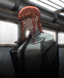  black_jacket blood blood_on_clothes blood_on_face braid breasts chainsaw_man closed_mouth collared_shirt expressionless female hair_between_eyes highres jacket jacket_partially_removed long_hair makima_(chainsaw_man) medium_breasts orange_eyes red_hair ringed_eyes shirt sidelocks single_braid solo suit_jacket train_interior twitter_username viii_00908 white_shirt 