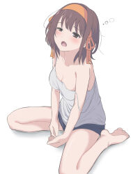  absurdres barefoot black_shorts blush breasts brown_eyes brown_hair camisole cleavage collarbone commentary_request feet female hair_ribbon hairband half-closed_eye highres medium_breasts medium_hair open_mouth orange_ribbon rai_iceblast ribbon short_shorts shorts simple_background sitting solo spaghetti_strap suzumiya_haruhi suzumiya_haruhi_no_yuuutsu toes white_background white_camisole yellow_hairband yellow_ribbon 