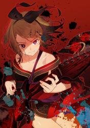  absurdres bare_shoulders black_bow black_kimono blonde_hair bon_bon_eee bow collarbone electric_guitar female flower guitar hair_ornament hair_ribbon hairclip hairpin highres holding instrument japanese_clothes kagamine_rin kimono looking_at_viewer multiple_hairpins music playing_instrument purple_eyes red_background ribbon sakura_moon_(module) serious short_hair solo spider_lily splatter tengaku_(vocaloid) upper_body vocaloid 