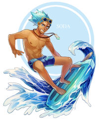  1boy abs absurdres bare_arms bare_legs bare_shoulders barefoot blue_eyes blue_hair blue_male_swimwear character_request chinese_commentary circle commentary_request cookie_run dark-skinned_male dark_skin eyewear_on_head fingernails food full_body grin highres humanization jewelry looking_at_viewer male_focus male_swimwear nipples oversized_food oversized_object pendant popsicle short_hair smile solo spiked_hair sunglasses surfing swim_trunks toes topless_male waves white_background yellow-framed_eyewear yuqian88212 