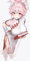  absurdres blue_archive blush book breasts bun_cover china_dress chinese_clothes commentary double_bun dress female hair_between_eyes hair_bun halo hand_on_own_hip hidulume high_heels highres holding holding_book huge_breasts looking_at_viewer pink_eyes pink_hair pink_halo red_trim short_hair short_sleeves simple_background solo thighs tomoe_(blue_archive) tomoe_(qipao)_(blue_archive) white_background white_dress white_footwear 