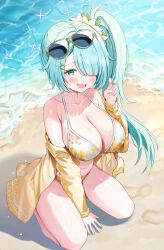  aqua_eyes aqua_hair bare_shoulders beach bikini blue_archive breasts cleavage collarbone commentary_request female floral_print_bikini hair_ornament hair_over_one_eye halo hand_up highres hiyori_(blue_archive) hiyori_(swimsuit)_(blue_archive) jacket kubong large_breasts long_sleeves looking_at_viewer navel ocean off_shoulder official_alternate_costume open_clothes open_jacket open_mouth orange_bikini outdoors seiza side_ponytail sitting smile solo stomach swimsuit thighs v x_hair_ornament 