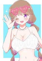  ;d \||/ bikini blue_background blush border breasts brown_hair cleavage collarbone commentary eyewear_on_head female fujishima_megumi halterneck hand_up highres large_breasts link!_like!_love_live! long_hair looking_at_viewer love_live! low_twintails midriff multi-tied_hair navel official_alternate_costume official_alternate_hairstyle one_eye_closed open_mouth outside_border pink-framed_eyewear pink-tinted_eyewear purple_eyes smile solo sunglasses swimsuit tinted_eyewear twintails upper_body virtual_youtuber white_bikini white_border zenodesuyo 