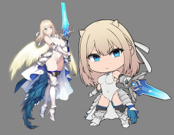  absurdres angel_wings armor armored_skirt armpits blonde_hair blue_eyes breasts brown_dust_2 chainmail chibi cjrb1228 cleavage closed_mouth covered_navel eyebrows_hidden_by_hair female full_body gauntlets glaring greaves grey_background hair_between_eyes hair_ribbon high_heels highleg highleg_leotard highres holding holding_sword holding_weapon justia_(brown_dust) large_breasts leotard light_blush looking_at_viewer multiple_views official_art_inset ribbon small_horns stiletto_heels sword weapon white_leotard white_ribbon wings 