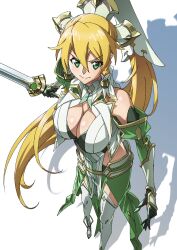  armor bare_shoulders blonde_hair braid breasts cleavage female gloves green_eyes hair_between_eyes hair_ornament highres huge_breasts large_breasts leafa_(sao) leafa_(terraria)_(sao) long_hair looking_at_viewer paintedmike ponytail solo sword sword_art_online thighhighs thighs very_long_hair weapon 