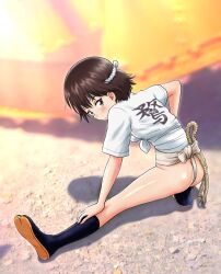  ass blush brown_eyes brown_hair closed_mouth female fundoshi girls_und_panzer highres hiyama_yuu_(wee259hiyama) isobe_noriko japanese_clothes outdoors short_hair solo stretching 