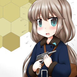  bag blue_coat coat commentary_request cosplay dolphin female flying_sweatdrops green_eyes grey_hair gun handgun holding honeycomb_(pattern) honeycomb_background kantai_collection long_hair looking_at_viewer low_twintails messenger_bag mikura_(kancolle) nambu_type_14 ouno_(nounai_disintegration) shoulder_bag solo souya_(kancolle) souya_(kancolle)_(cosplay) twintails upper_body weapon 