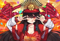  alternate_breast_size black_hair blush breasts buster_shirt closed_mouth confetti crest double_v egasumi emotional_engine_-_full_drive family_crest fate/grand_order fate_(series) female hands_up hat headphones headphones_around_neck highres jacket k_jin large_breasts letterman_jacket licking_lips long_hair long_sleeves looking_at_viewer oda_nobunaga_(fate) oda_nobunaga_(swimsuit_berserker)_(fate) oda_nobunaga_(swimsuit_berserker)_(first_ascension)_(fate) oda_uri off_shoulder one_eye_closed open_clothes open_jacket parody peaked_cap red_eyes red_shirt shirt skeleton smile solo sparkle tongue tongue_out v 