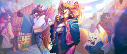  4_fingers absurd_res alcohol amazing_background ambiguous_gender anthro aruurara asian_clothing beverage beverage_can blush breath canid canine clothing corndog crowd dango_(food) detailed detailed_background drinking duo_focus east_asian_clothing eye_through_hair felid feline female festival fingers food fox green_eyes group hair happy hi_res holidays japanese_clothing kemono kimono lens_flare lolicon looking_at_viewer mammal misha_(aruurara) mizuki_(aruurara) momo_(aruurara) new_year raccoon_dog scarf shrine smile strong_zero tanuki torii translucent translucent_hair vendor_stand wallpaper widescreen young 