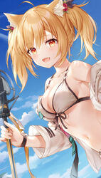  :d ahoge animal_ear_fluff animal_ears arknights armpits bare_shoulders bikini blonde_hair blue_sky breasts cleavage collarbone day female front-tie_bikini_top front-tie_top hair_ornament higeneko highres holding jacket long_hair looking_at_viewer medium_breasts microphone_stand navel oerba_yun_fang off_shoulder official_alternate_costume official_art open_clothes open_jacket outdoors red_eyes sky smile solo sora_(arknights) sora_(summer_flowers)_(arknights) stomach string_bikini swimsuit twintails wet white_bikini white_jacket wolf_ears wristband 