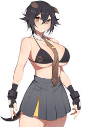  absurdres animal_ears arknights arms_at_sides bare_shoulders between_breasts bikini black_bikini black_gloves black_hair breasts brown_eyes brown_necktie cleavage closed_mouth cowboy_shot detached_collar dog_ears dog_girl dog_tail female fingerless_gloves gloves grey_skirt hair_between_eyes hanenosaki highres jackie_(arknights) large_breasts looking_at_viewer miniskirt necktie necktie_between_breasts paw_print pleated_skirt print_bikini revision short_hair simple_background skirt smile solo swimsuit tail underboob white_background 