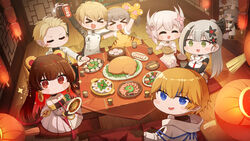  4boys 4girls absurdres animal_costume animal_ears animal_print bianca_(punishing:_gray_raven) black_hair blonde_hair blue_eyes brown_hair can chibi chinese_clothes chrome:_arclight_(punishing:_gray_raven) chrome_(punishing:_gray_raven) closed_eyes drink_can food hair_ornament happy_new_year highres kamui_(punishing:_gray_raven) lee_(punishing:_gray_raven) liv_(punishing:_gray_raven) lucia:_plume_(eventide_glow)_(punishing:_gray_raven) lucia_(punishing:_gray_raven) multiple_boys multiple_girls nanami_(punishing:_gray_raven) new_year punishing:_gray_raven red_eyes soda_can tiger_costume tiger_ears tiger_girl tiger_print watanabe_(punishing:_gray_raven) white_hair yellow_eyes yuemoe 