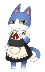  1boy alternate_costume animal_crossing blush colored_sclera commentary_request enmaided feline frown full_body maid male_focus nurumayu_(nelfee) simple_background solo standing sweatdrop tom_(animal_crossing) white_background yellow_sclera 