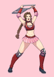  abs absurdres aerith_gainsborough alternate_costume armpits arms_up boots bow braid breasts brown_hair chair choker cirenk cleavage commentary commission elbow_pads english_commentary evil_smile female final_fantasy final_fantasy_vii final_fantasy_vii_remake folding_chair forehead full_body green_eyes hairbow highres improvised_weapon incoming_attack knee_boots knee_pads long_braid long_hair medium_breasts meme miniskirt navel photoshop_(medium) pink_background pink_bow pink_skirt red_choker single_braid skirt smile solo studded teeth toned upper_teeth_only vambraces wrestler wrestling_outfit 