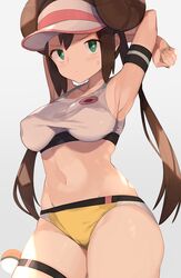  alternate_costume armpits blush breasts brown_hair commentary_request double_bun female gradient_background green_eyes grey_background hair_bun highres large_breasts long_hair looking_at_viewer midriff navel poke_ball poke_ball_(basic) pokemon pokemon_bw2 rosa_(pokemon) solo sports_bra spring2013 standing stretch_action thigh_strap twintails visor_cap white_sports_bra 