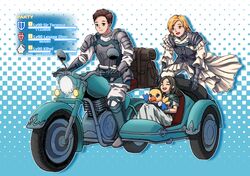  2boys alchemist_(final_fantasy) alpha_(ff14) armor blonde_hair brown_hair character_name dion_lesage dragoon_(final_fantasy) female final_fantasy final_fantasy_xiv final_fantasy_xvi gameplay_mechanics gauntlets health_bar highres in-franchise_crossover kihel_(ff16) motor_vehicle motorcycle multiple_boys paladin_(final_fantasy) riding robe seven7ink sidecar smile teeth terrence_(ff16) upper_teeth_only vehicle_focus 