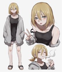  aki_(tabao) bare_shoulders black_tank_top blonde_hair blush cigarette closed_eyes closed_mouth collarbone commentary commentary_request facing_viewer female full_body green_eyes grey_jacket hair_between_eyes half-closed_eye half-closed_eyes hand_up hands_in_pockets highres holding holding_cigarette jacket long_bangs long_sleeves looking_at_viewer medium_hair multiple_views off_shoulder one_eye_closed open_clothes open_jacket original sandals self-harm self-harm_scar short_ponytail shorts simple_background sleeves_past_wrists smoking standing tabao tank_top tobacco tongue tongue_out v white_background 