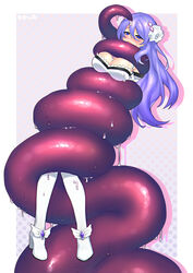  blue_eyes blush boots bound breasts cleavage commission female full_body hair_ornament high_heel_boots high_heels highres long_hair nose_blush ooshio7734 open_mouth polka_dot princess_connect! purple_hair restrained shizuru_(princess_connect!) skeb_commission slime_(substance) slimy suspension tearing_up tentacle white_footwear white_legwear 