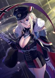  absurdres azur_lane bismarck_(azur_lane) bismarck_(coat_of_arms) black_cape black_hat black_jacket black_skirt blonde_hair blue_eyes breasts cape cleavage cloak commentary dutch_angle female flag fur-trimmed_cape fur_trim gloves hair_between_eyes hat highres holding holding_flag jacket large_breasts long_hair looking_at_viewer marumai military military_uniform miniskirt peaked_cap pencil_skirt rain skirt solo uniform white_gloves 