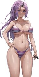  absurdres bikini black_horns breasts closed_mouth commentary feet_out_of_frame female hand_on_own_hip highres holding horns jasony large_breasts long_hair navel oni oni_horns ponytail purple_bikini purple_eyes purple_hair shion_(tensei_shitara_slime_datta_ken) sidelocks simple_background single_horn smile solo standing striped_bikini striped_clothes swimsuit tensei_shitara_slime_datta_ken very_long_hair white_background 