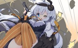  antenna_hair black_jacket blue_eyes blush breasts chestnut_mouth commentary dress feet_out_of_frame female fur-trimmed_jacket fur_trim grey_dress grey_hair gun hair_between_eyes hair_ornament handgun highres holding holding_gun holding_weapon jacket kizuna_akari knees_together_feet_apart large_breasts long_hair long_sleeves low_twintails milkpanda oerba_yun_fang off_shoulder one_eye_closed open_clothes open_jacket open_mouth orange_thighhighs puffy_long_sleeves puffy_sleeves rabbit_hair_ornament rock shirt sitting skindentation solo striped_clothes striped_thighhighs thighhighs twintails under_fire unidentifiable_weapon vertical-striped_clothes vertical-striped_thighhighs very_long_hair voiceroid weapon white_shirt 