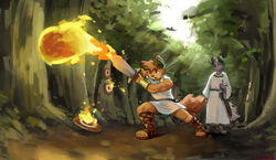  anthro bracelet canid canine canis cloak clothing duo fantasy fantasy_weapon fire fireball footwear forest gold_(metal) gold_bracelet gold_jewelry hi_res jewelry julius_(sunhuiz) lapsus_(sunhuiz) laurel_wreath male mammal melee_weapon plant sandals shirt sunhuiz sword target target_practice topwear tree tunic weapon wolf 