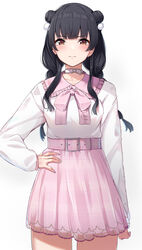  belt black_hair blouse blunt_bangs blush braid breasts brown_eyes closed_mouth collar collarbone commentary dot_nose double_bun female frilled_collar frills hair_bun hair_ornament hand_on_own_hip high-waist_skirt highres idolmaster idolmaster_shiny_colors long_hair long_sleeves looking_at_viewer mayuzumi_fuyuko maza_kisuke nail_polish pink_belt pink_skirt pom_pom_(clothes) pom_pom_hair_ornament purple_nails shirt simple_background skirt solo star_(symbol) thighs twin_braids white_shirt 